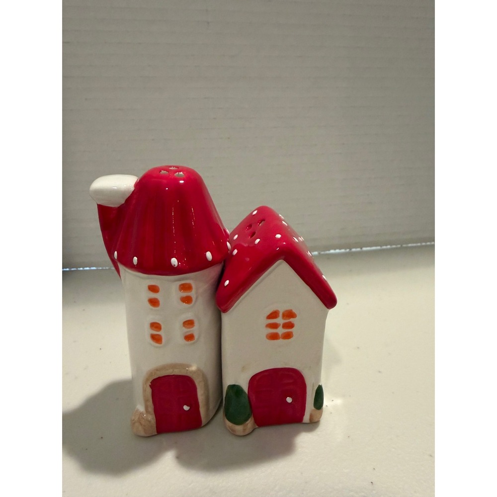 Red Mushroom House Ceramic Salt and Pepper Shakers Cottagecore Kitchen Decor